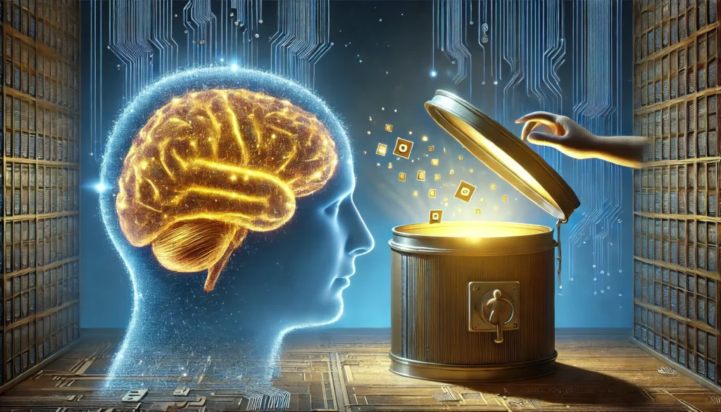 An artistic representation of a glowing memory vault inside a human brain, storing golden memory fragments. A person reaches toward the vault, symbolizing the process of retrieving forgotten information in a visually captivating way