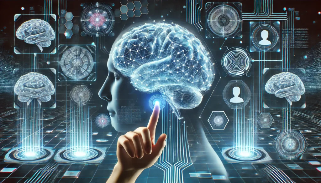 A futuristic visualization of memory recall, featuring a digital brain with holographic data streams connecting different brain areas. A person interacts with floating memory nodes, symbolizing the process of retrieving forgotten information in a high-tech, scientific setting