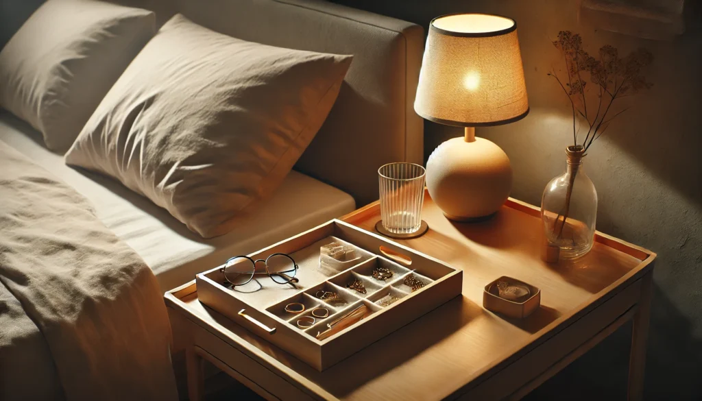 A tranquil bedroom with a bedside table featuring a small tray for organizing essentials like jewelry, glasses, and other items. Soft lighting from a lamp emphasizes mindful organization and memory.