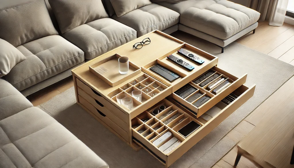 A modern living room with a multifunctional coffee table featuring hidden compartments, organized drawers, and a small tray for essentials like remotes and glasses. The minimalist design ensures practicality and ease of locating commonly misplaced items.