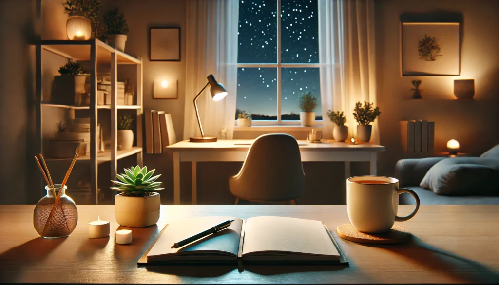 A calming nighttime workspace featuring a desk with an open journal, a cup of tea, and a small indoor plant. Warm light from a desk lamp creates a tranquil ambiance, with a neatly organized bookshelf and a window revealing a peaceful starry night sky in the background. Perfect for reflection and mindfulness.