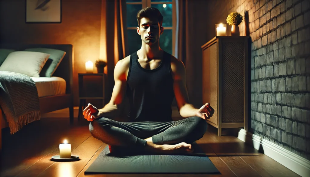 A person seated on a yoga mat practicing mindfulness meditation in a dimly lit room with soft candlelight. The serene environment promotes relaxation and a smooth transition to restful sleep after an evening workout.