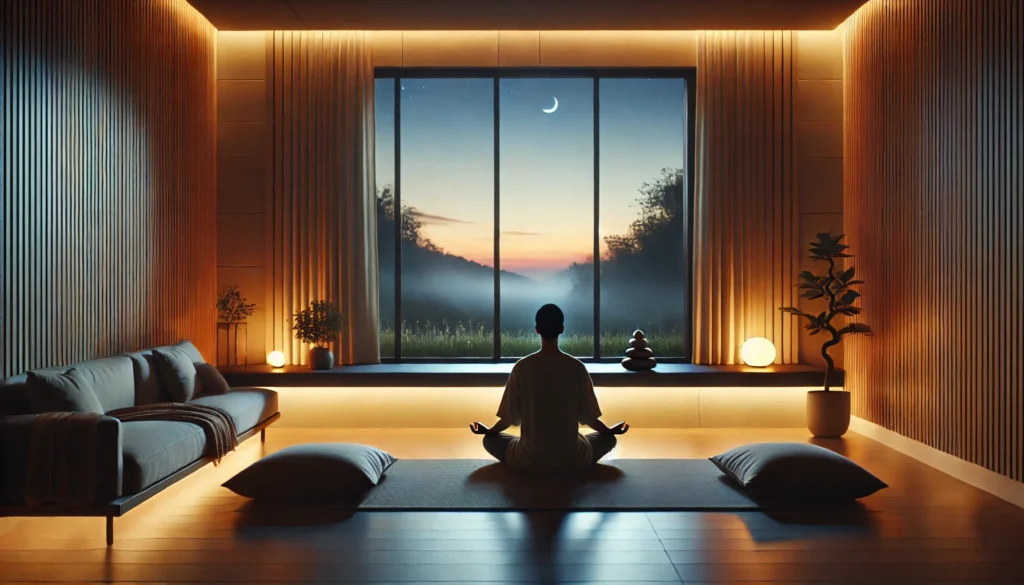 A calming scene of a person practicing mindfulness meditation in a minimalist living room. Dim lighting, soft cushions, and a twilight sky through the window create a serene atmosphere for relaxation and stress management.