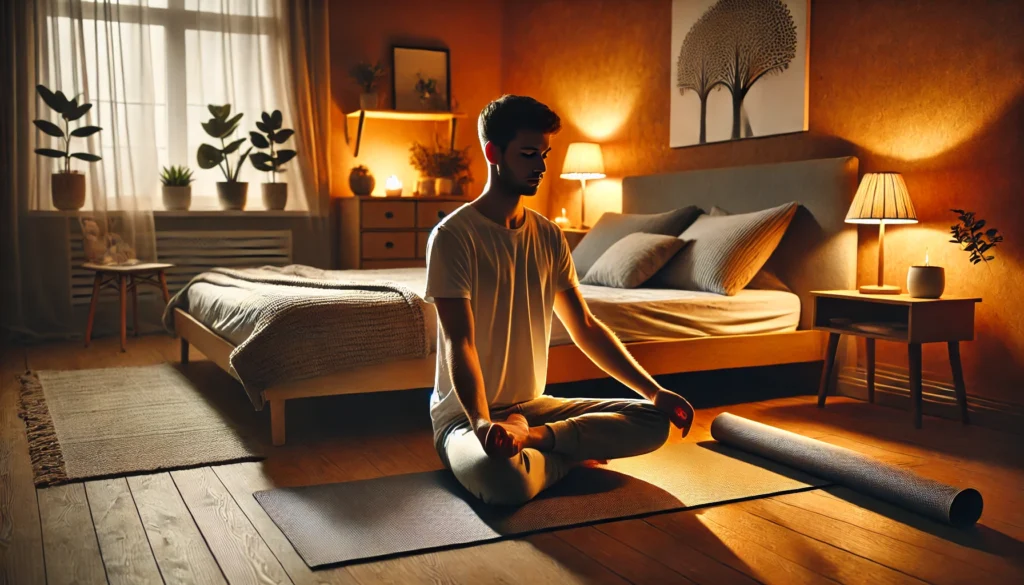 A young adult practicing mindfulness on a yoga mat in a dimly lit bedroom with a cozy bed, warm ambient lighting, and a tidy, calming environment. The scene emphasizes relaxation techniques to improve sleep quality.