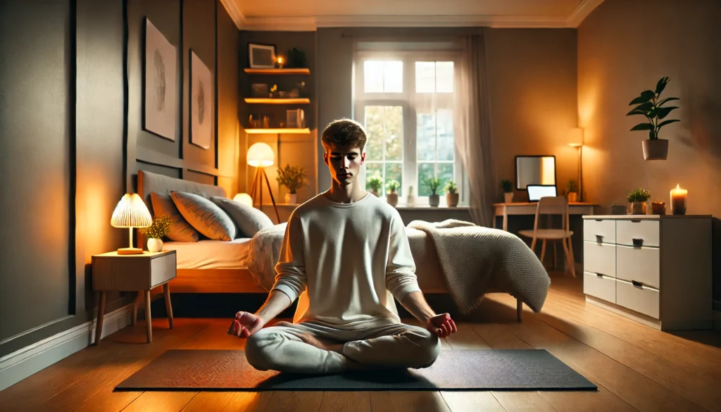 A young adult practicing mindfulness meditation on a yoga mat in a softly lit bedroom with warm ambient lighting, a cozy bed, and a tidy, tranquil environment. The scene promotes relaxation and preparation for restorative sleep.