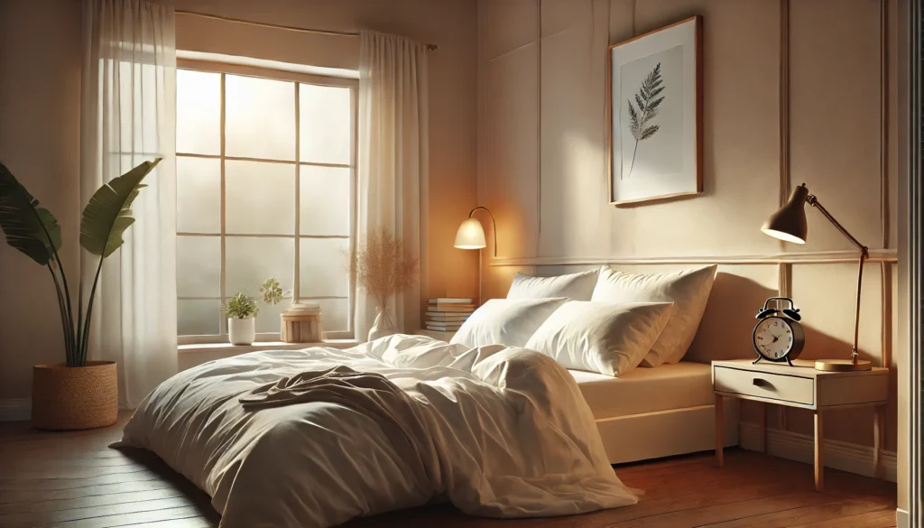 A cozy and minimalistic bedroom with a neatly made bed, soft warm lighting, and gentle natural light seeping through the window, showcasing the perfect environment for restful sleep.