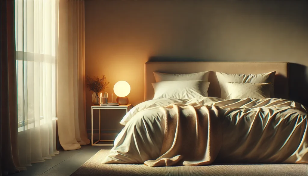 A calming minimalist bedroom with soft lighting, featuring a neatly made bed with white sheets, a warm beige blanket, and a small bedside table with a glass of water and a potted plant, emphasizing tranquility and sleep.