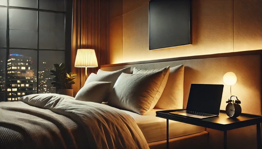 A serene nighttime bedroom scene featuring a comfortable bed with soft pillows, warm lighting, and a bedside table holding a laptop with a blank black screen. The minimalist design highlights relaxation, modern aesthetics, and subtle technology integration.