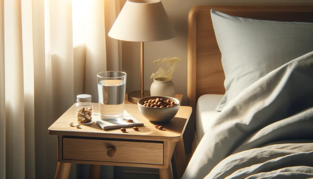 A calming bedside scene featuring a modern wooden nightstand with a glass of water, a bowl of mixed nuts, and an open container of vitamin capsules. Soft morning light streaming through a window adds to the serene and minimalist atmosphere.