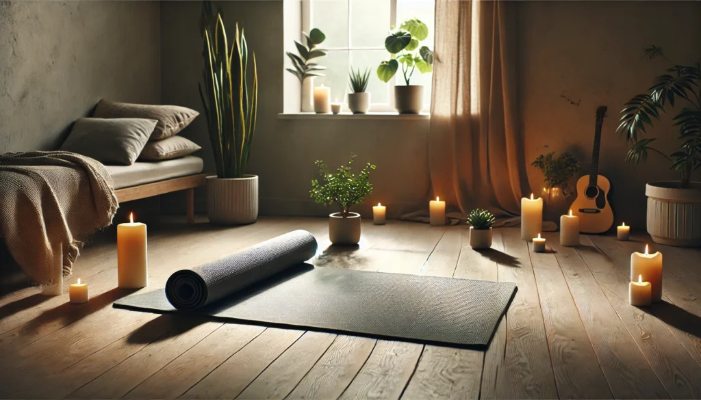 A serene home yoga space with a rolled-out mat on a wooden floor, surrounded by candles and small potted plants. Soft natural light streams through a large window, creating a peaceful ambiance for relaxation and pre-sleep meditation.