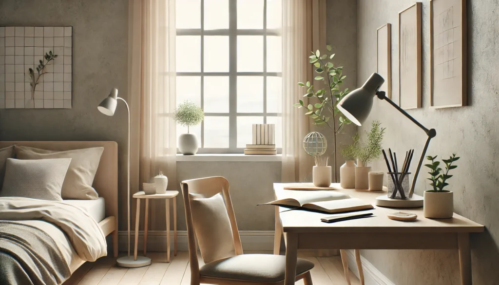 A calm and minimalist workspace featuring a desk with a notebook, plant, and lamp near a large window with natural light, symbolizing productivity enhanced by adequate sleep and rest.