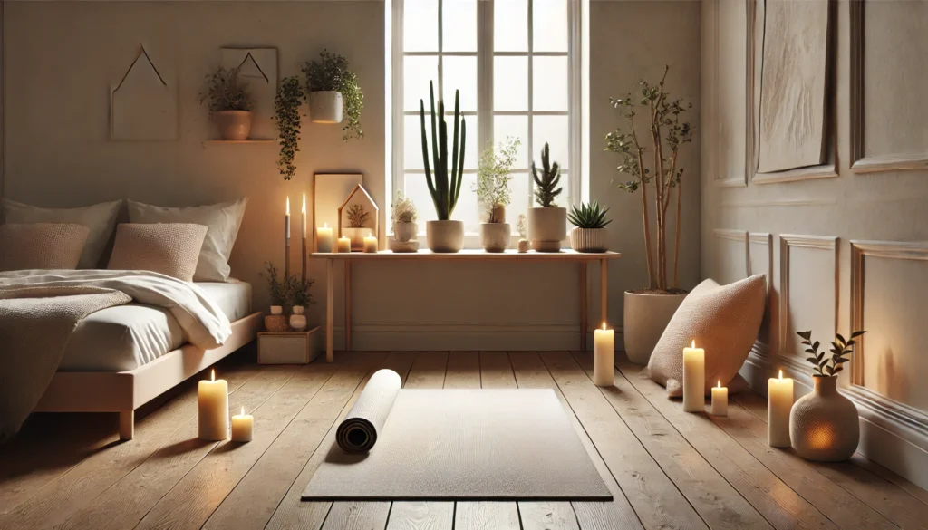 A serene yoga and meditation space featuring a yoga mat on a wooden floor, surrounded by calming elements like candles and potted plants. Natural light streams through large windows, creating a peaceful environment for relaxation and preparing for improved REM sleep.