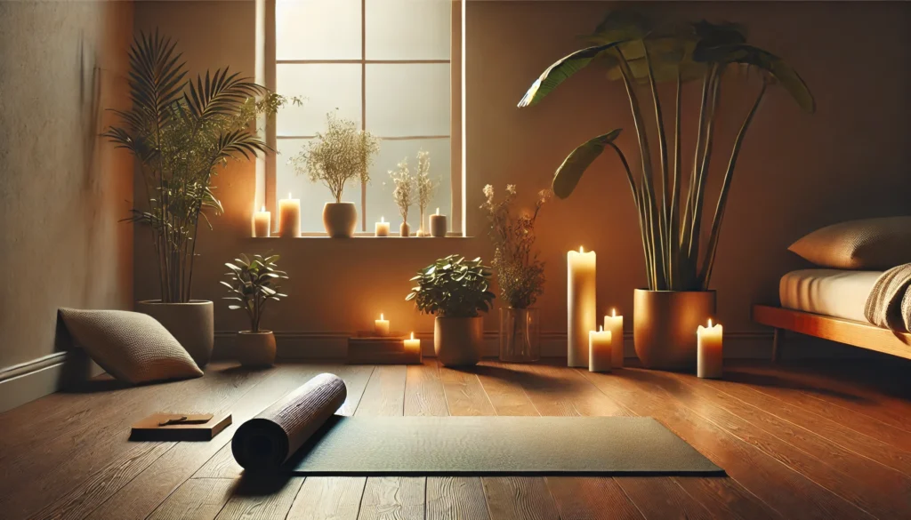 A minimalist yoga space with a rolled-out mat on a wooden floor, surrounded by calming elements like candles and potted plants. Warm natural light streams through a large window, creating a serene atmosphere perfect for pre-sleep relaxation.