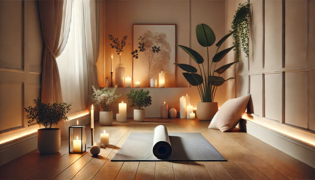 A serene yoga and meditation corner in a home, featuring a yoga mat on a wooden floor, surrounded by calming elements such as candles and potted plants. Soft, warm lighting enhances the tranquil atmosphere, ideal for relaxation and preparing for deep sleep.