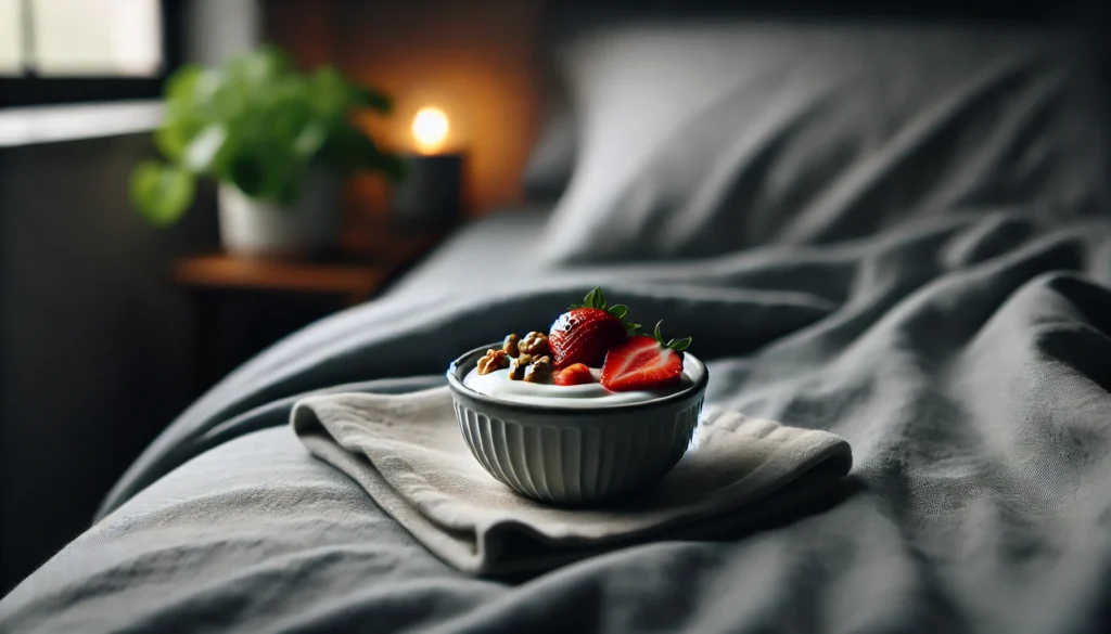 A tranquil, minimalist nighttime scene with a white ceramic bowl of yogurt garnished with sliced strawberries and walnuts, set on a soft gray fabric. The softly blurred background features a gentle lamp glow and a touch of greenery, creating a modern and serene ambiance that emphasizes relaxation and simplicity.