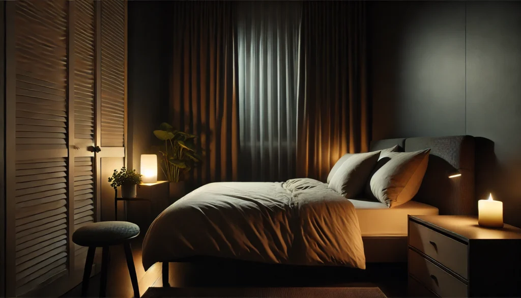 A cozy, minimalistic bedroom at night with a comfortable bed, soft bedding, dim ambient lighting, blackout curtains, and a potted plant on a bedside table. The quiet, tidy atmosphere promotes deep and restorative sleep.