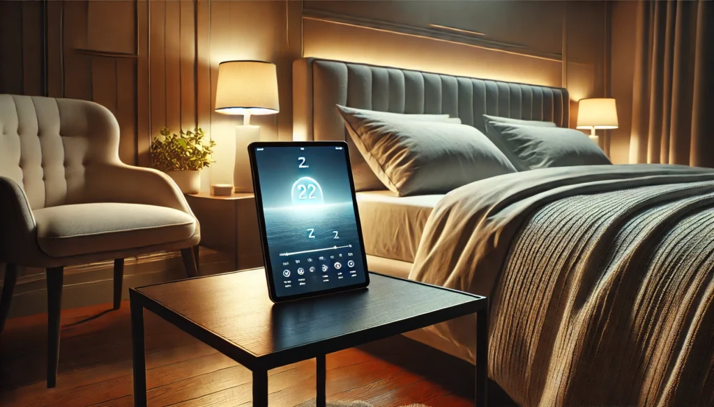 A modern, serene bedroom at night featuring a tablet displaying a digital sleep page on a sleek bedside table. The room is softly illuminated by warm ambient lighting, with calming elements like a minimalist bed, cozy blankets, and a tranquil atmosphere ideal for relaxation.