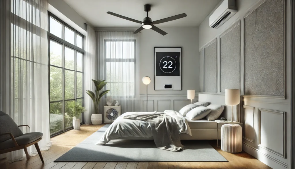 An airy, modern bedroom featuring a smart thermostat, a ceiling fan, and minimalist decor. Natural light streams through large windows, creating a comfortable and cool environment for restful sleep.