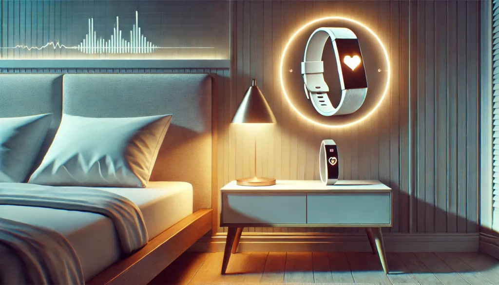 A serene futuristic bedroom featuring a glowing smart sleep tracking device on a nightstand, accompanied by a minimalist clock with a heart symbol on the wall. The room is softly lit with ambient lighting, a neatly arranged bed, and calming decor, emphasizing modern wellness technology without any logos or branding.