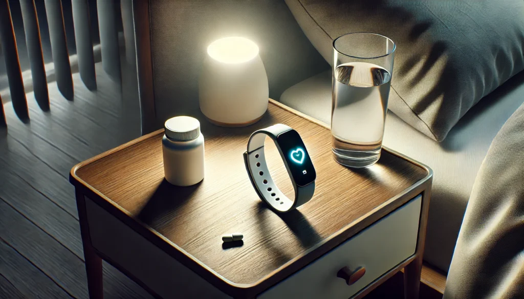 A modern sleep setup featuring a wearable sleep tracker on a bedside table next to a glass of water and a small pill bottle, softly illuminated by a nightlight in a serene and minimalist bedroom.