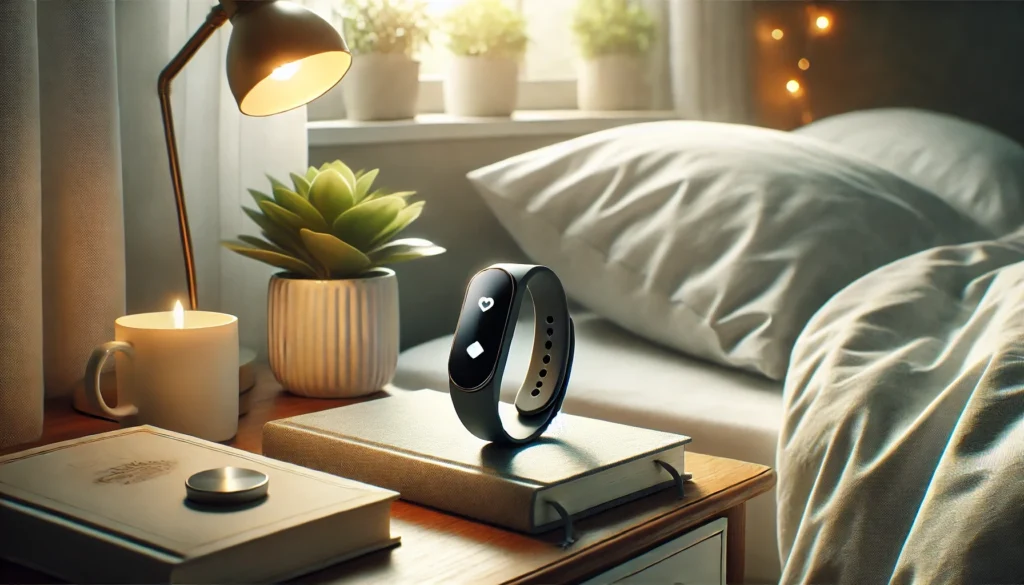 A modern wearable sleep tracker on a bedside table alongside a book and a small plant, with soft morning light streaming through a window, representing the role of technology in enhancing sleep cycles.