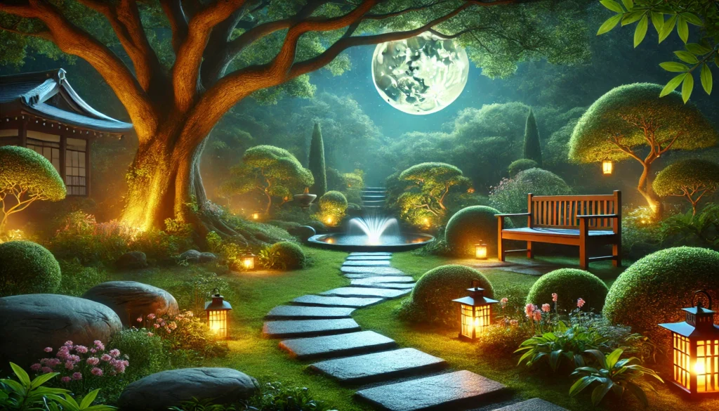 A tranquil nighttime garden illuminated by soft moonlight. The scene features a winding stone pathway surrounded by lush greenery, colorful flowers, and a gently trickling fountain. A wooden bench rests under a large tree adorned with warm glowing lanterns, creating a serene and inviting space for relaxation and mindfulness.