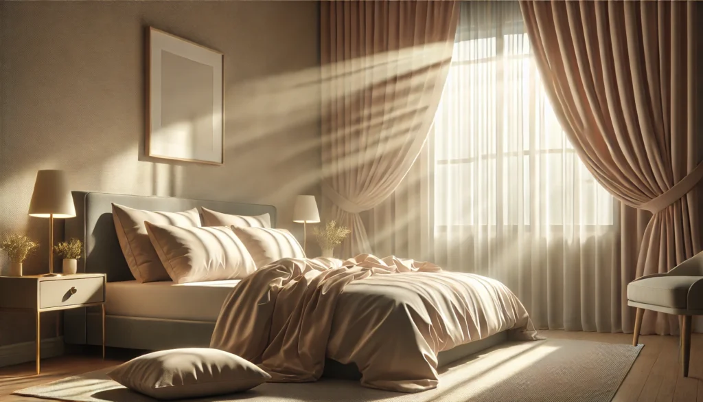 A serene morning scene with sunlight streaming softly through curtains onto a neatly made bed, representing a refreshed start after a good night's sleep. The room features soft colors and minimal decor, evoking peace and readiness for the day ahead.