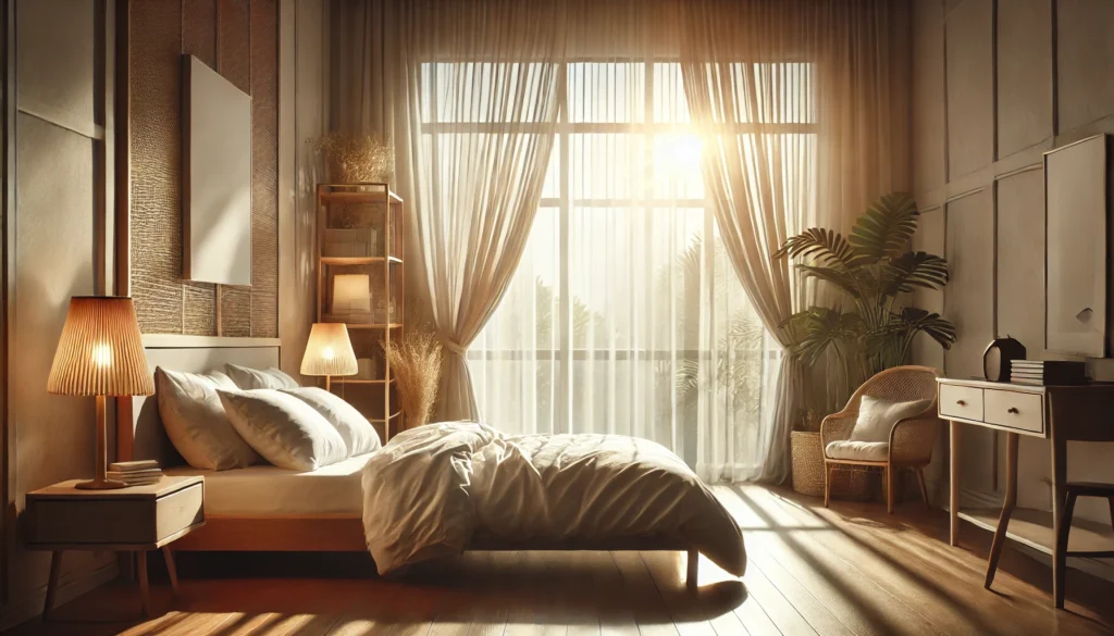 A tranquil bedroom in the early morning with soft sunlight streaming through sheer curtains onto a neatly made bed. The serene ambiance highlights the importance of waking up refreshed after restorative core sleep.