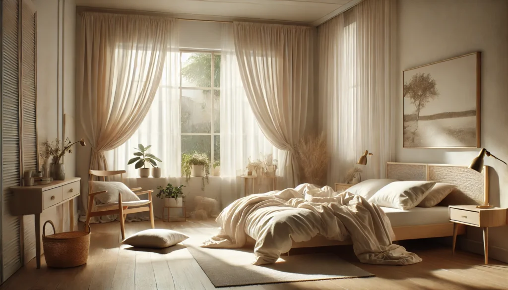 A serene bedroom filled with soft morning light, featuring a cozy, unmade bed, flowing white curtains, light wood furniture, and potted plants, creating a tranquil atmosphere for a peaceful start to the day.