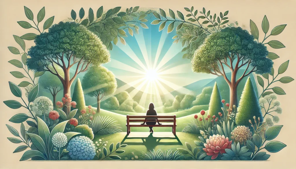 A peaceful outdoor setting featuring a person sitting on a wooden bench in a sunlit garden. The scene is surrounded by trees, vibrant flowers, and a clear blue sky. Gentle sunlight filters through the leaves, highlighting the role of natural light in regulating the sleep-wake cycle.