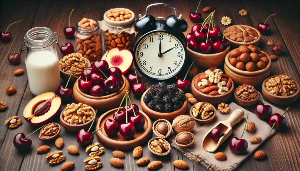 A beautiful display of melatonin-rich foods, including cherries, walnuts, and almonds, arranged on a wooden table with a dark background to highlight their natural sleep-enhancing properties.