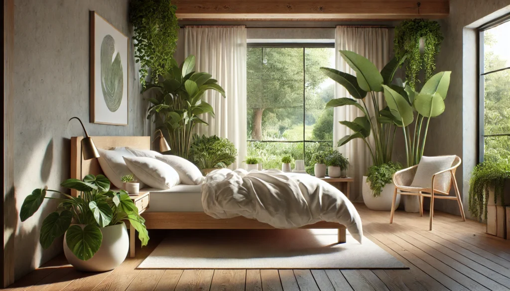 A tranquil, nature-inspired bedroom featuring white linen bedding, large potted plants, and natural wood furniture. A window opens to a peaceful garden view, allowing soft natural light to fill the space, creating a serene environment for relaxation and restful sleep.