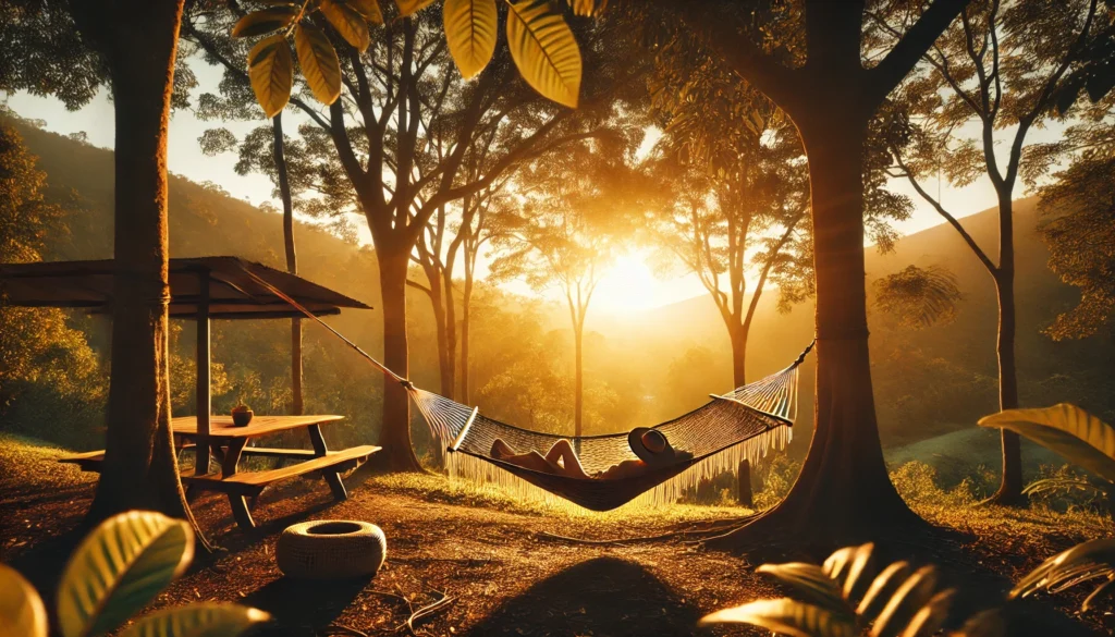 A serene outdoor scene with a person lying on a hammock surrounded by tall trees at sunset. The golden light filters through the leaves, creating a peaceful and calming atmosphere that emphasizes relaxation and a connection with nature.