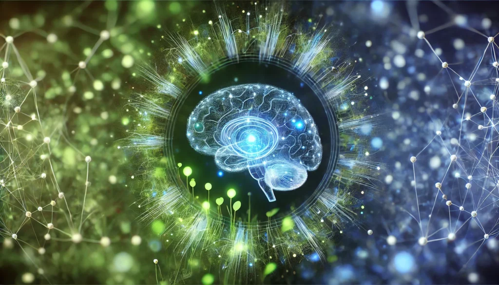 A conceptual depiction of the brain during deep sleep, showcasing glowing neural pathways in vibrant blue and green hues. The dark, dreamy background emphasizes cognitive restoration and memory consolidation occurring during restful sleep.