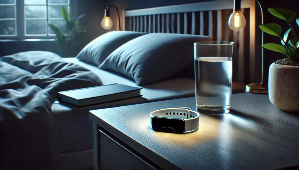 A serene bedroom scene at night showcasing a minimalist fitness tracker on a bedside table, alongside a glass of water and a book. The modern design is free of any logos, text, or numbers, complemented by soft lighting to evoke calmness and relaxation.