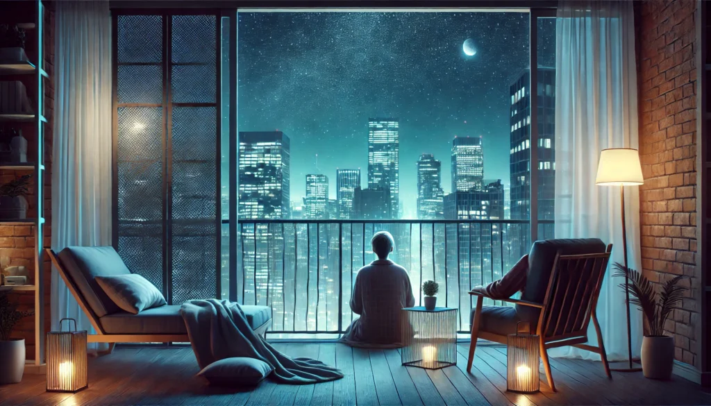 A peaceful nighttime balcony scene featuring a young adult sitting in a comfortable chair under a starry sky, gazing at the city skyline. The setting includes soft lighting and a warm blanket, promoting relaxation and the resetting of sleep patterns.