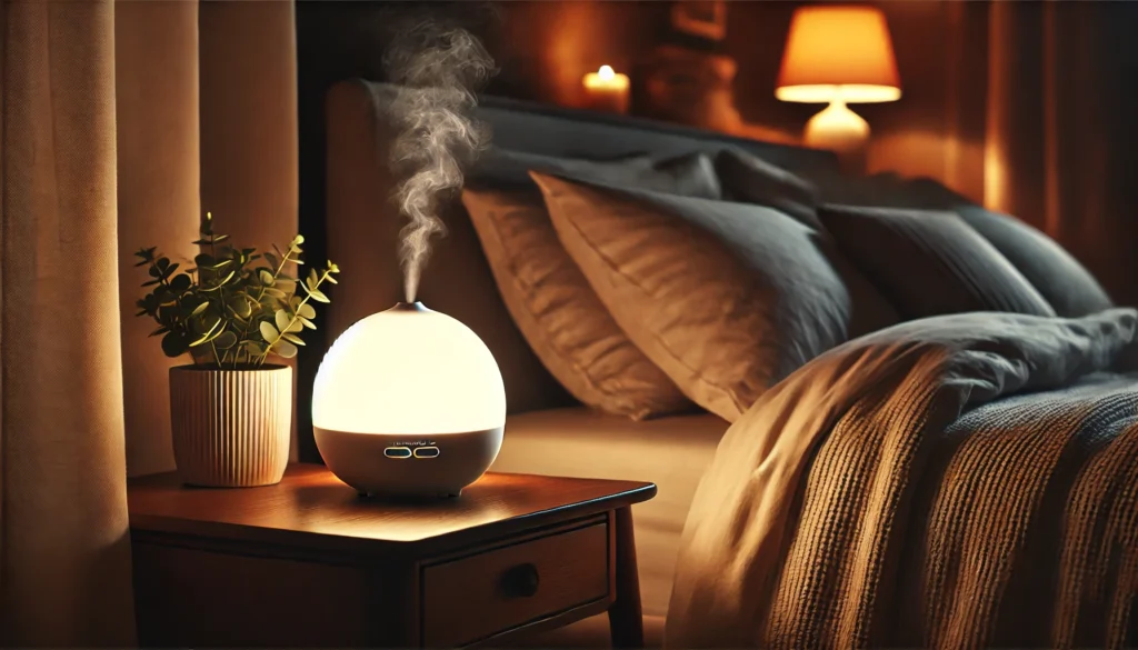 A calming nighttime bedroom scene featuring a softly glowing diffuser on a bedside table, emitting a gentle mist. The warm ambiance includes cozy bedding and a small potted plant, creating a serene and tranquil environment for relaxation and sleep.