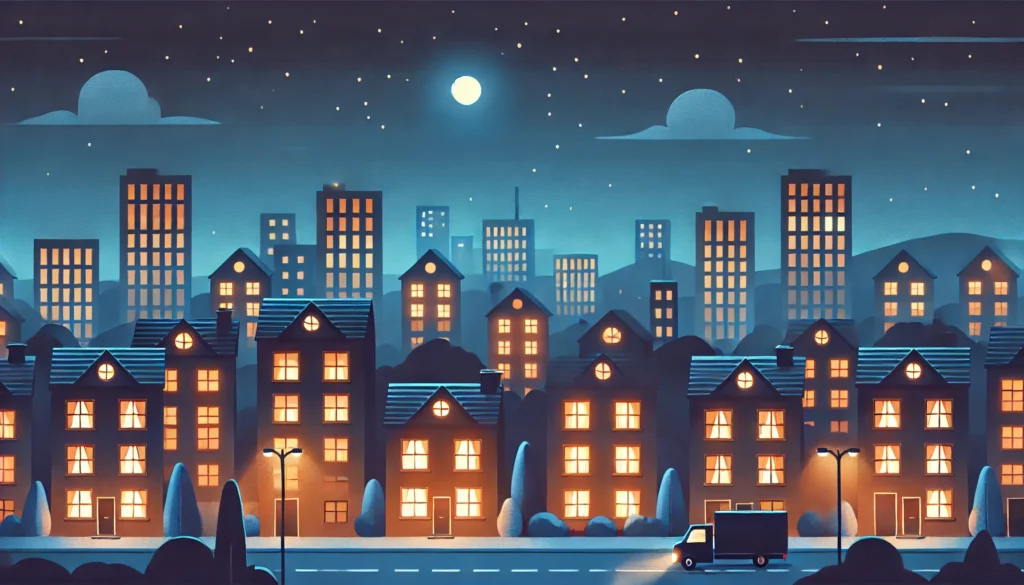 A calm nighttime cityscape with warm lights glowing softly from building windows and minimal streetlights. The scene includes a starry sky, symbolizing the importance of reducing blue light for circadian rhythm health.