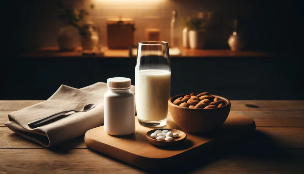 A calming nighttime kitchen setup with a wooden counter featuring a glass of warm milk, a small plate of almonds, and a generic pill bottle, softly lit to create a peaceful atmosphere for sleep preparation.