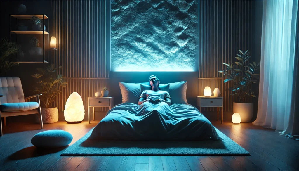 A serene bedroom scene with a person resting on a soft bed, illuminated by soothing blue lighting and a glowing salt lamp, creating a peaceful ambiance ideal for hypnosis meditation before sleep.