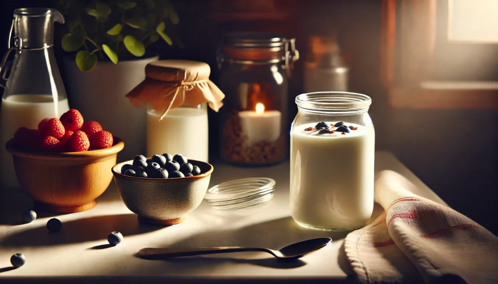 A cozy nighttime kitchen counter setup featuring a jar of plain yogurt with a spoon, a small bowl of mixed berries, and a tea towel. The warm ambient light creates a homely and relaxing atmosphere, perfect for emphasizing yogurt as part of a calming evening ritual.