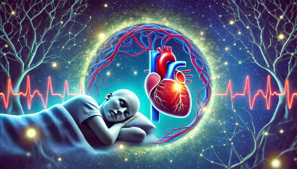 A surreal digital illustration showcasing nocturnal dipping in blood pressure, with a peacefully sleeping person and a glowing circulatory system under a calm, starry night sky.