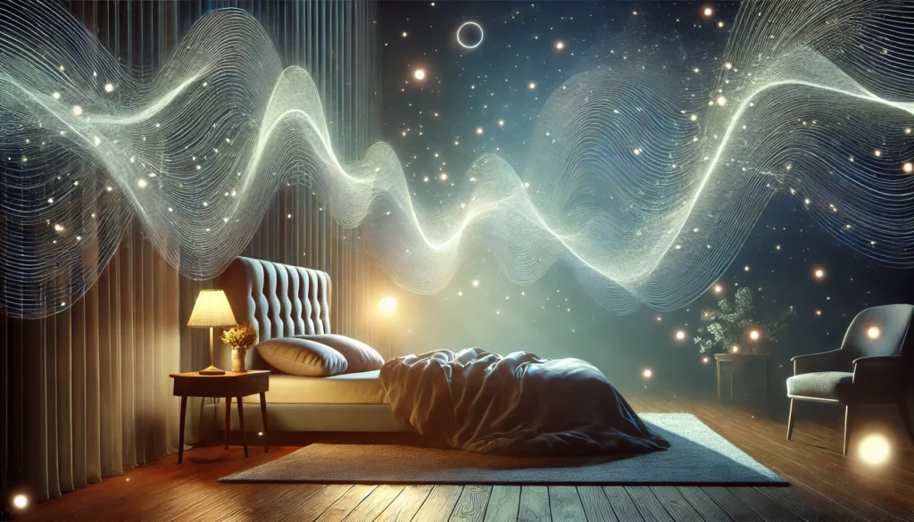 A serene visualization of Non-REM sleep stages, featuring a tranquil bedroom with soft lighting and abstract waves of light symbolizing deep, restorative sleep. The image conveys a sense of calmness and recovery.