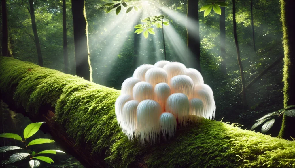 Bright white Lion's Mane Mushroom growing on a mossy tree trunk in a dense forest, illuminated by dappled sunlight filtering through the leaves, representing its brain-boosting benefits