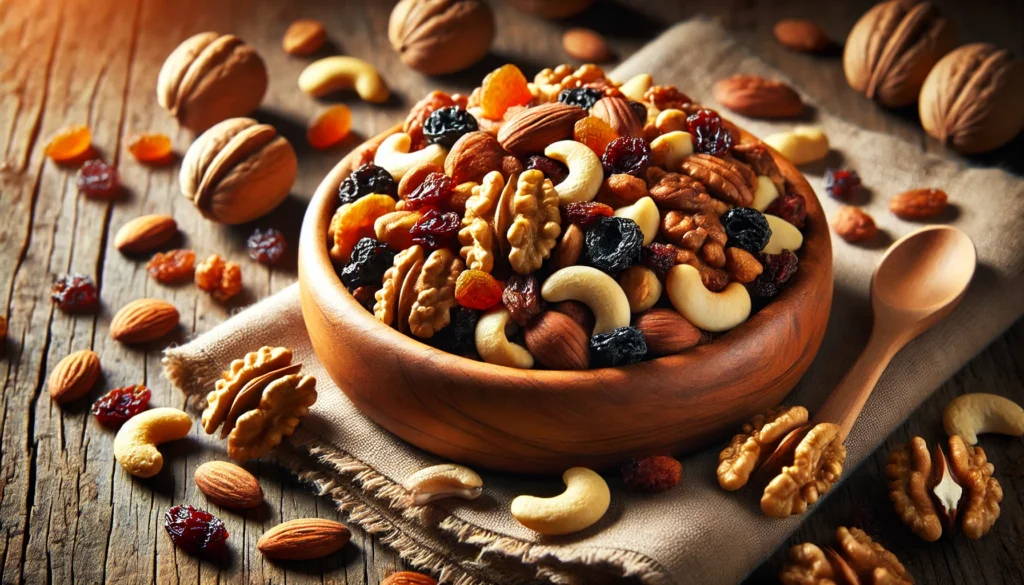 Top 5 nuts for brain health in a close-up trail mix of walnuts, almonds, cashews, Brazil nuts, and pecans, mixed with raisins and cranberries in a wooden bowl on a rustic fabric background with warm, inviting lighting