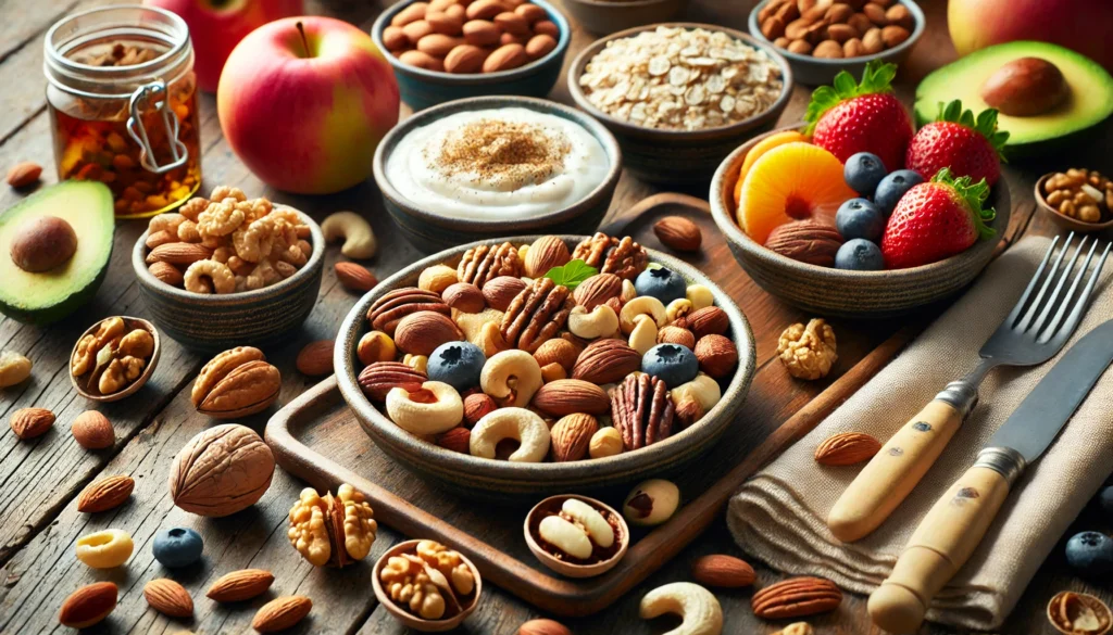 Top 5 nuts for brain health in a cozy breakfast spread with walnuts, almonds, cashews, Brazil nuts, and pecans alongside oatmeal, yogurt, and fresh fruits, placed on a rustic wooden table with warm natural morning light