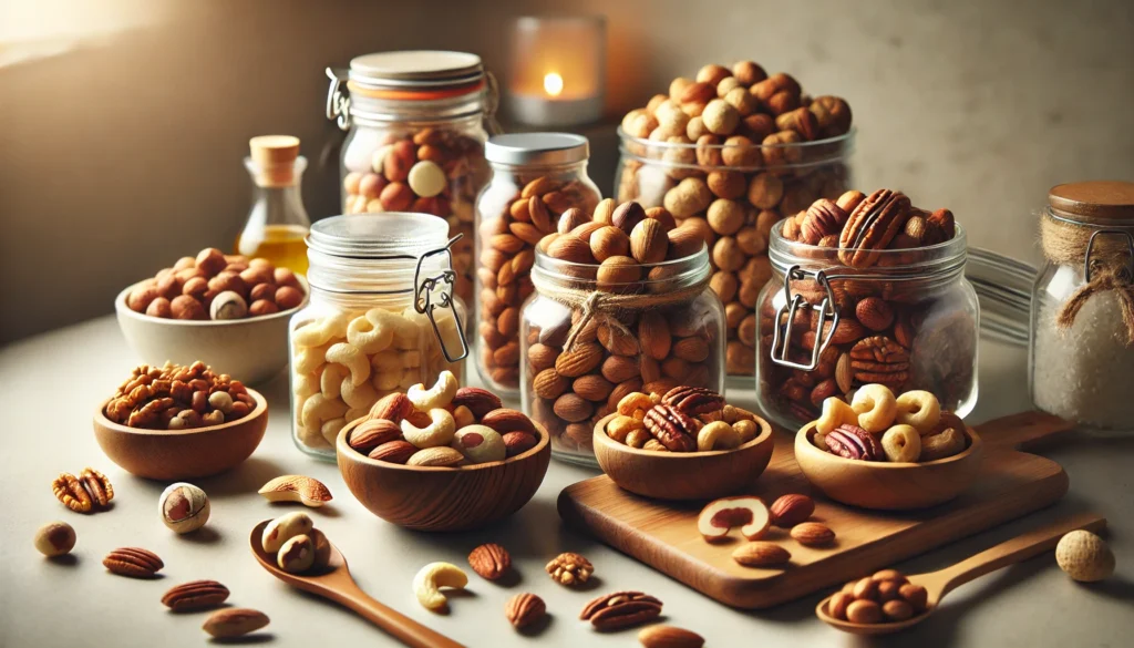 Top 5 nuts for brain health displayed in small glass jars and bowls on a minimalistic kitchen counter, including walnuts, almonds, cashews, Brazil nuts, and pecans, with soft natural lighting accentuating their textures