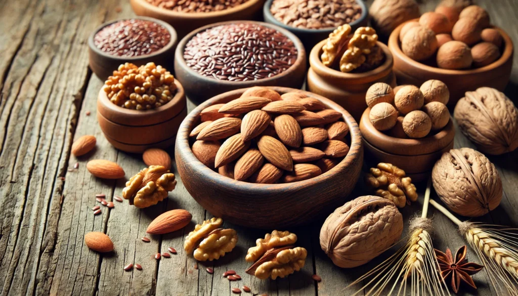 A close-up of a variety of nuts and seeds, including almonds, walnuts, and flaxseeds, arranged in small wooden bowls on a rustic table, showcasing their earthy tones and rich melatonin content for promoting restful sleep.