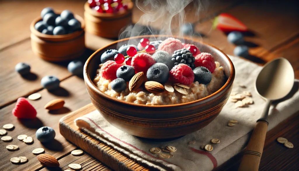 A steaming bowl of oatmeal topped with fresh berries and a sprinkle of nuts, placed on a cozy wooden table, highlighting its warm tones and nutrient-rich ingredients that support melatonin production and promote restful sleep.