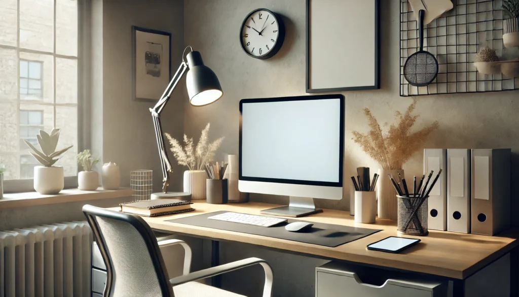 A clean and modern home office desk with a blank-screen smart device. The setup features minimalist decor, a comfortable chair, soft lighting, and tools for productivity, creating a calm and focused workspace.